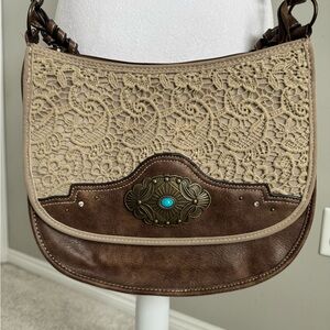 Justin Crossbody Brown and Cream Lace with Turquoise Stone